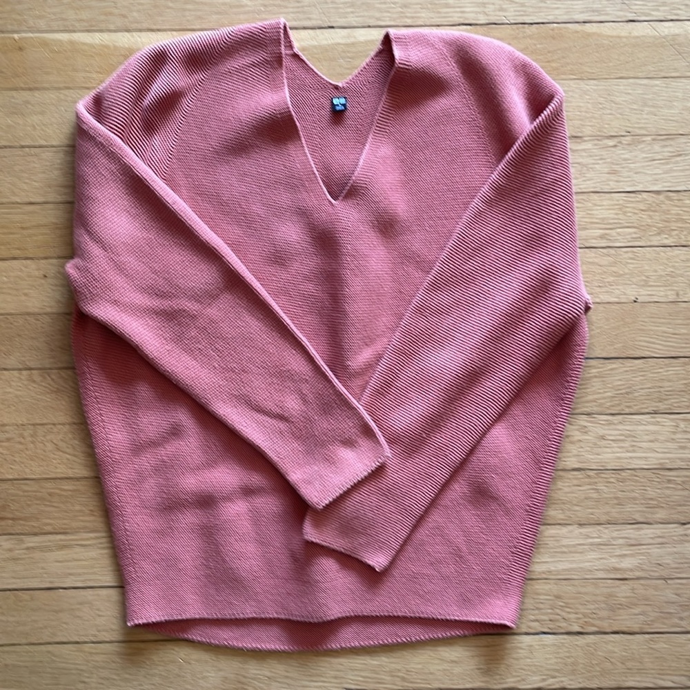 Uniqlo V-Neck 3D Cocoon Cotton Knit Sweater, Size Medium, light terracotta